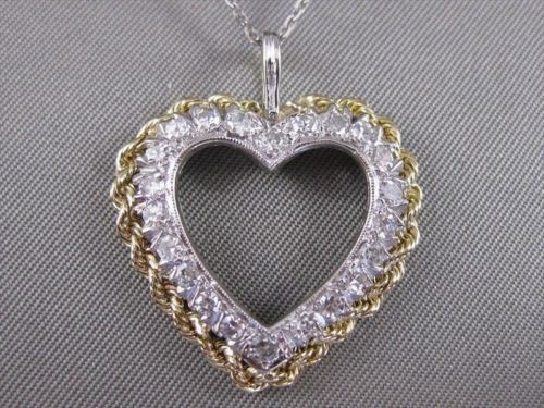 ESTATE DIAMOND 14KT WHITE & YELLOW GOLD ROPE FILIGREE OPEN HEART PENDANT #20123