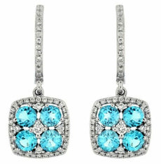 1.93CT DIAMOND & AAA BLUE TOPAZ 14KT WHITE GOLD CLUSTER SQUARE HANGING EARRINGS