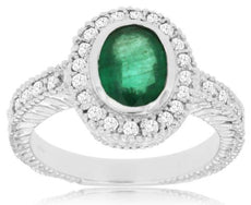 1.27CT DIAMOND & AAA EMERALD 14KT WHITE GOLD OVAL & ROUND BEZEL ENGAGEMENT RING