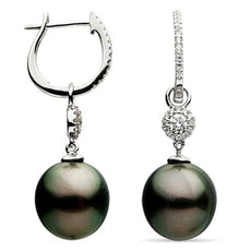 ESTATE LARGE .36CT DIAMOND & AAA TAHITIAN PEARL 14K WHITE GOLD HANGING EARRINGS