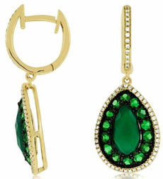 1.20CT DIAMOND & AAA EMERALD & GREEN AGATE 14K YELLOW GOLD 3D TEAR DROP EARRINGS