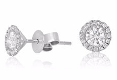 ESTATE .78CT DIAMOND 18K WHITE GOLD CLASSIC SOLITAIRE MARTINI HALO STUD EARRINGS