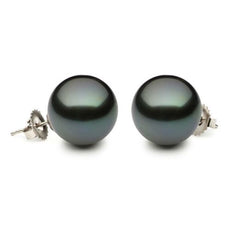 ESTATE AAA 13MM TAHITIAN PEARL 14KT WHITE GOLD CLASSIC ROUND SOLITAIRE EARRINGS
