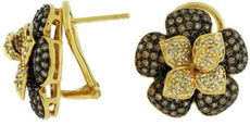 ESTATE 2.0CT WHITE & CHOCOLATE FANCY DIAMOND 14KT YELLOW GOLD 3D FLOWER EARRINGS