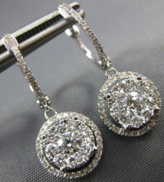 ESTATE 1.0CT DIAMOND 14KT WHITE GOLD ROUND CLUSTER HALO HUGGIE HANGING EARRINGS