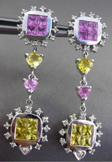 ESTATE LONG 8.42CT AAA MULTI SAPPHIRE 18KT WHITE GOLD HEART HANGING EARRINGS