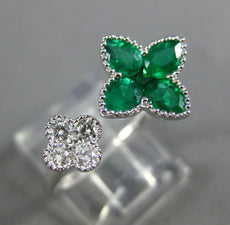 ESTATE 1.06CT DIAMOND & AAA EMERALD 18KT WHITE GOLD DOUBLE FLOWER FILIGREE RING