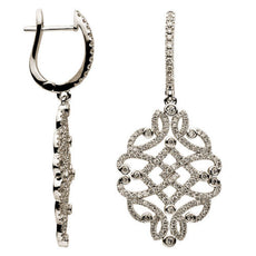 ESTATE 1.36CT DIAMOND 18K WHITE GOLD HEART FLOWER OPEN FILIGREE HANGING EARRINGS