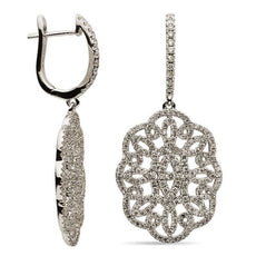 ESTATE LARGE 1.39CT DIAMOND 18K WHITE GOLD FLOWER OPEN FILIGREE HANGING EARRINGS