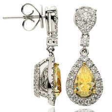 ESTATE 3.38CT WHITE & FANCY YELLOW DIAMOND 18K TWO TONE GOLD PEAR SHAPE EARRINGS