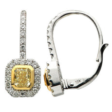 ESTATE 1.28CT WHITE & FANCY YELLOW DIAMOND 18KT 2 TONE GOLD SQUARE HALO EARRINGS