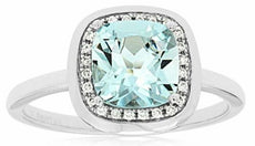 1.44CT DIAMOND & AAA AQUAMARINE 14KT WHITE GOLD 3D CUSHION SQUARE HALO FUN RING