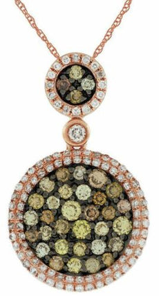.88CT WHITE & CHOCOLATE FANCY DIAMOND 14KT ROSE GOLD CLUSTER ROUND HALO PENDANT