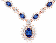 LARGE 5.25CT DIAMOND & AAA TANZANITE 14KT ROSE GOLD FLOWER DOUBLE HALO NECKLACE