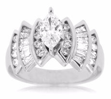 ESTATE 1.45CT MARQUISE ROUND & BAGUETTE DIAMOND 14KT WHITE GOLD ENGAGEMENT RING