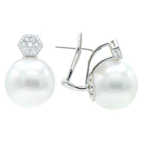 ESTATE LARGE .38CT DIAMOND & AAA SOUTH SEA PEARL 18K WHITE GOLD CLUSTER EARRINGS
