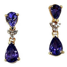 2.46CT DIAMOND & AAA TANZANITE 14KT YELLOW GOLD 3D ROUND & PEAR SHAPE EARRINGS