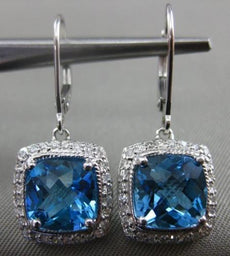 ESTATE LARGE 5.56CT DIAMOND & BLUE TOPAZ 14KT WHITE GOLD SQUARE HANGING EARRINGS