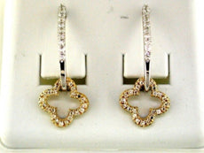 ESTATE .50CT DIAMOND 14KT TWO TONE GOLD CLASSIC CLOVER FLOWER HANGING EARRINGS