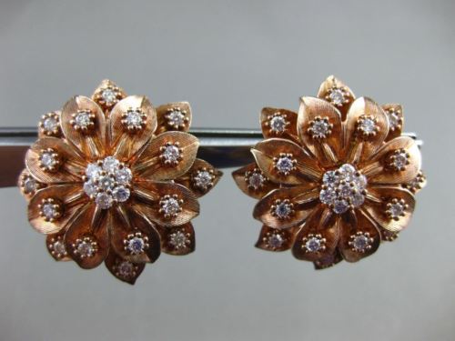 ESTATE LARGE 1.47CT DIAMOND 18K ROSE GOLD 3D FLOWER HANDCRAFTED CLIP ON EARRINGS