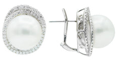 ESTATE LARGE 1.15CT DIAMOND & AAA SOUTH SEA PEARL 18KT WHITE GOLD PAVE EARRINGS
