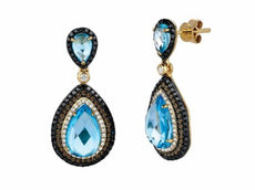 6.56CT WHITE & CHOCOLATE FANCY DIAMOND & AAA BLUE TOPAZ 14K YELLOW GOLD EARRINGS