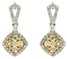 ESTATE 1.33CT WHITE & FANCY YELLOW DIAMOND 14K TWO TONE GOLD 3D HANGING EARRINGS