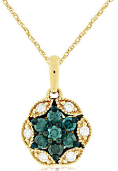.45CT WHITE & BLUE DIAMOND 14KT YELLOW GOLD 3D CLUSTER FLOWER FILIGREE PENDANT