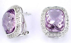 18.82CT DIAMOND & AAA AMETHYST 14KT WHITE GOLD 3D CUSHION HALO CLIP ON EARRINGS