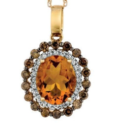 3.02CT WHITE & CHOCOLATE FANCY DIAMOND AAA CITRINE 14KT YELLOW GOLD OVAL PENDANT