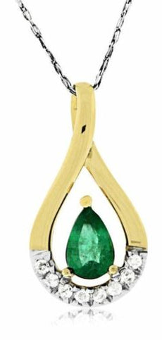 .44CT DIAMOND & AAA EMERALD 14K YELLOW GOLD ROUND & PEAR SHAPE TEAR DROP PENDANT