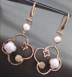 ESTATE LARGE .16CT DIAMOND & WHITE QUARTZ 14KT ROSE GOLD 4 LEAF CLOVER EARRINGS