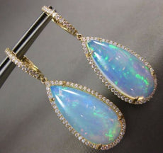LARGE 23.35CT DIAMOND & AAA OPAL 14K YELLOW GOLD TEAR DROP HALO HANGING EARRINGS