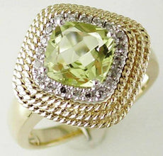 2.16CT DIAMOND & AAA LEMON QUARTZ 14KT YELLOW GOLD CUSHION HALO TRIPLE ROPE RING