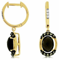2.60CT WHITE & MOCHA DIAMOND & AAA SMOKY TOPAZ 14K YELLOW GOLD HANGING EARRINGS