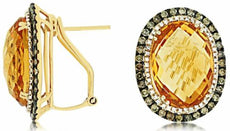 41.64CT WHITE & CHOCOLATE FANCY DIAMOND & CITRINE OVAL 14KT YELLOW GOLD EARRINGS