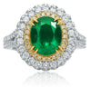 4.36CT WHITE & FANCY YELLOW DIAMOND & AAA EMERALD 18K 2TONE GOLD ENGAGEMENT RING