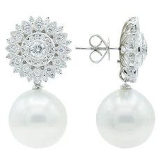 ESTATE LARGE 1.35CT DIAMOND & AAA SOUTH SEA PEARL 18K WHITE GOLD FLOWER EARRINGS