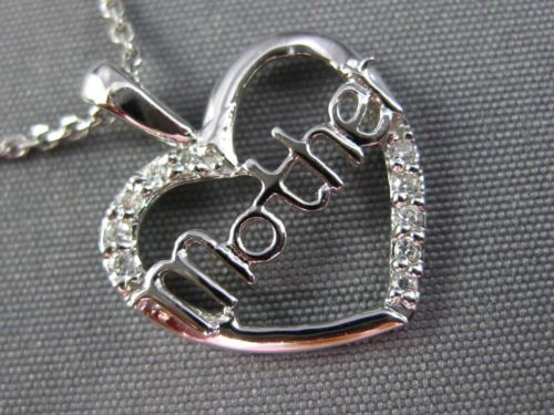 ESTATE .05CT DIAMOND 14K WHITE GOLD 3D OPEN MOTHER HEART LOVE PENDANT WITH CHAIN