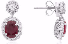 GIA 4.5CT DIAMOND & AAA RUBY 18KT WHITE GOLD OVAL FLOWER HALO HANGING EARRINGS