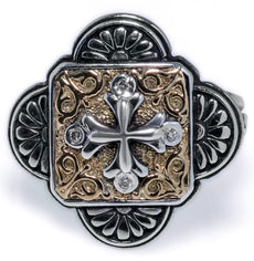 0.02CT DIAMOND 18KT YELLOW GOLD & 925 SILVER 3D HANDCRAFTED FILIGREE CROSS RING