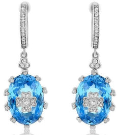 14.92CT DIAMOND & AAA EF BLUE TOPAZ 14KT WHITE GOLD FLOWER OVAL HANGING EARRINGS