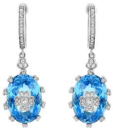 14.92CT DIAMOND & AAA BLUE TOPAZ 14KT WHITE GOLD 3D FLOWER OVAL HANGING EARRINGS