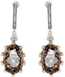 11.15CT DIAMOND & AAA SMOKY TOPAZ 14KT ROSE GOLD 3D FLOWER OVAL HANGING EARRINGS