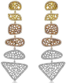 7.66CT WHITE & MULTI COLOR DIAMOND 18KT TRI COLOR GOLD 3D FUN HANGING EARRINGS