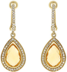 4.23CT ROUND DIAMOND & AAA CITRINE 14K YELLOW GOLD PEAR SHAPE HANGING EARRINGS