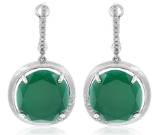 ESTATE 15.08CT DIAMOND & AAA GREEN AGATE 14KT WHITE GOLD ROUND HANGING EARRINGS
