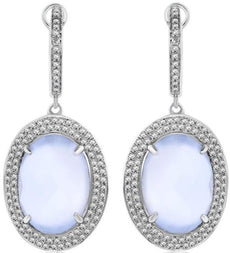 12.65CT DIAMOND & AAA BLUE CHALCEDONY 14K WHITE GOLD CLASSIC HANGING EARRINGS