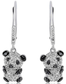 .53CT WHITE & BLACK DIAMOND 14KT WHITE GOLD HAPPY TEDDY BEAR HANGING EARRINGS