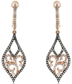 .90CT WHITE & MOCHA DIAMOND 14K ROSE GOLD 3D FILIGREE TEAR DROP HANGING EARRINGS